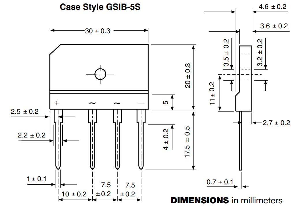 Mechanical Drawing - Vishay General Semiconductor LVE2580E Low VF Single In-Line Bridge Rectifier